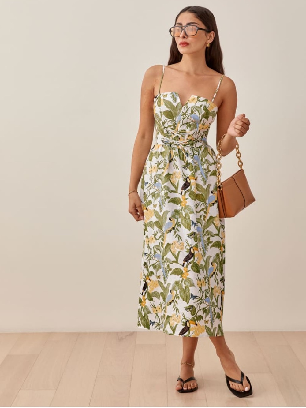 Reformation Cosima Linen Dress with Green Botanical Tropical Print in Size 10